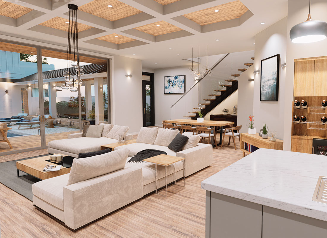 Home-Hillview-Living-Room Artist rendering of modern home living room with view to swimming pool